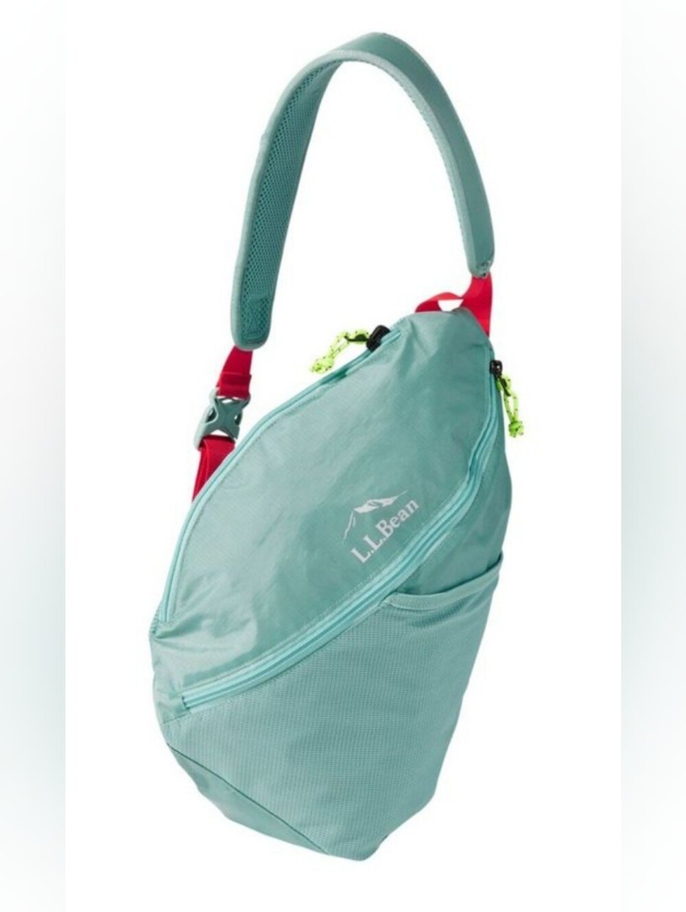 L.L Bean Teal Stowaway Sling Backpack Red Strap Neon Yellow Accent